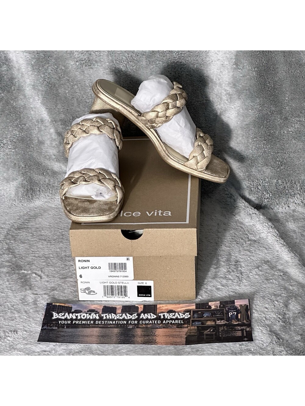 Dolce Vita 6 Ronin Braided Sandals Light Gold Stella Metallic Block Heel Slides